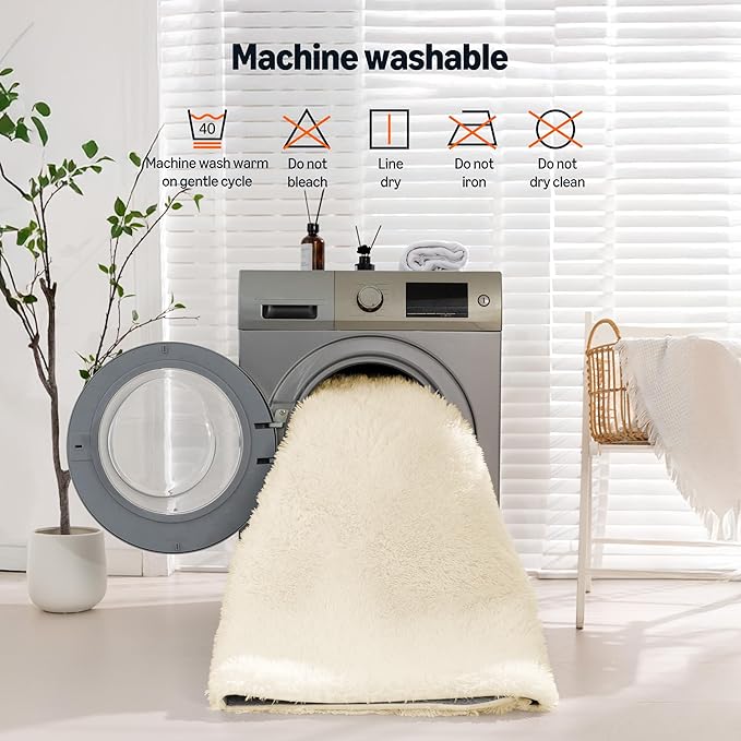Amazon Basics Fluffy Washable Area Rug, Shaggy Carpet for Living Room, Bedroom, 6' W × 9' L, Beige