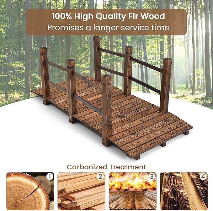 HAPPYGRILL 5FT Wooden Garden Bridge, Decorative Pond Landscaping Bridge with Classic Arc Footbridge & Double Safety Railings, Garden Bridges for Outdoors, Backyard, Garden Farm (Brown)