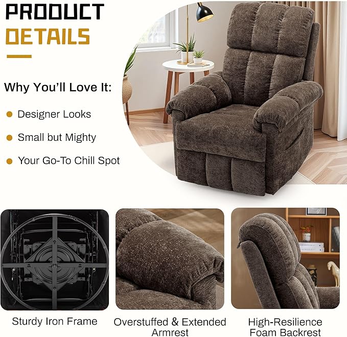 Recliner Chair, Swivel Rocker Recliner Chair for Adults, Small Recliners for Small Spaces, Upholstered Manual Recliner with Side Pockets, Nursery Rocking Chair for Living Room, Chenille, Brown