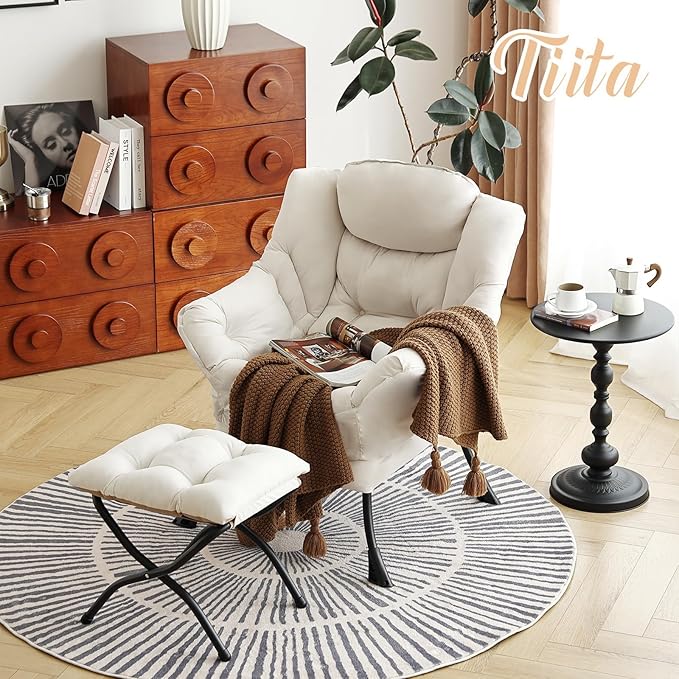 Tiita Lazy Chair with Ottoman, Beige Modern Large Accent Chair, Comfy Leisure Sofa Armchair with Ottoman, Reading Chair with Footrest for Bedroom, Living Room, Dorm Rooms, Beige