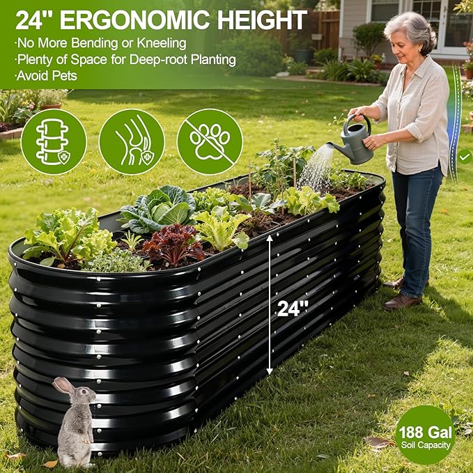 24" Tall Galvanized Raised Garden Bed Outdoor, 8x2x2ft Deep Metal Planter Box with Safety Edging & Support Bars, Large Oval Raised Beds for Gardening Plants Vegetables Herbs Flowers (Dark Grey)