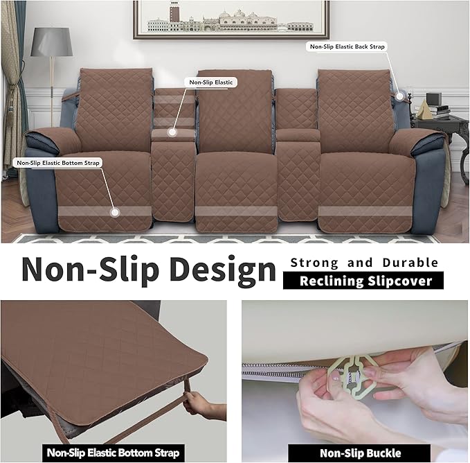 Easy-Going Recliner Sofa Cover with Console, Reversible Couch Cover for Living Room, Split Sofa Cover for Each Seat with Elastic Straps for Kids, Dogs, Pets (3 Seater, Brown/Beige)