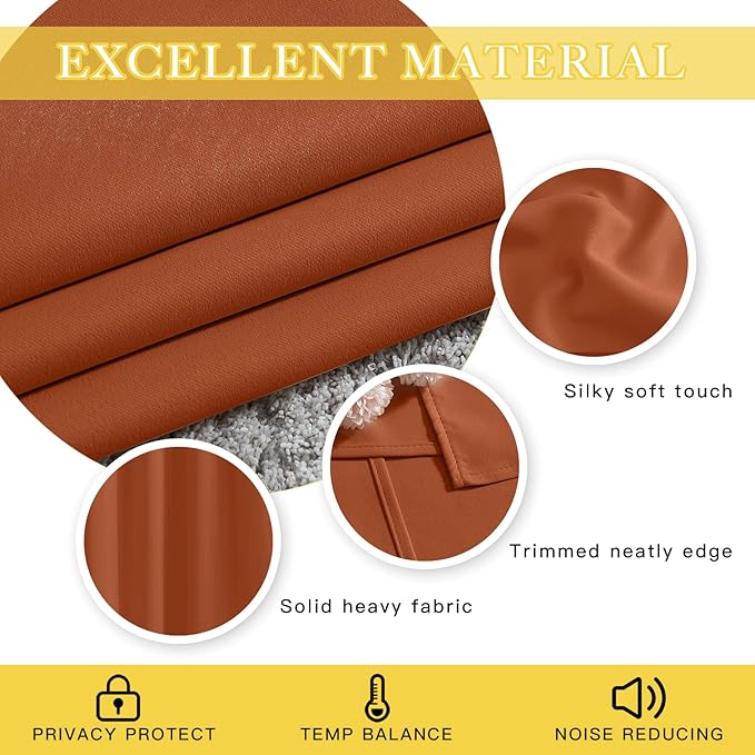 NICETOWN Blackout Burnt Orange Curtain 54 inches Long - Solid Grommet Sound & Light Reducing Room Darkening Window Treatment Thermal Drape for Girls Room/Nursery (1 Panel, W52 x L54)