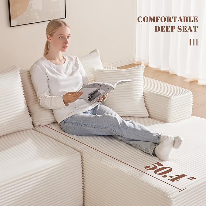 110” Cloud Sectional Couch, Boneless Sofa for Living Room, Modular Sectional Sofa with Deep Seat, Comfy Fluffy U-Shaped Couch with Right-Facing Chaise, No Assembly Required, Beige