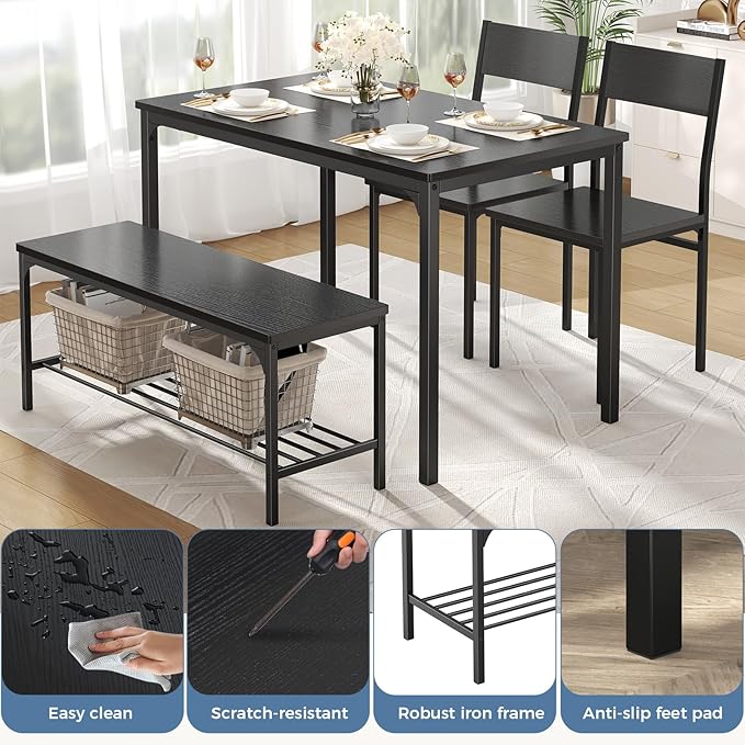 DUMOS Dining Table, Dining Table Set for 4 with Bench, Easy to Assemble Kitchen Table, Space-Saving Ideal 4-Person Set for Dining Room Kitchen Apartment Corner Black 4 Pack