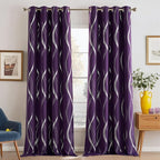 NICETOWN Royal Purple Blackout Curtains 84 inch Long for Living Room, Gothic Vibe for Wave Line Foil Print Design Drapes for Home Decoration Wall Cover, 2 Panels