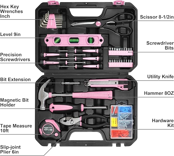 Amazon Basics 142-Piece Household Tool Kit for Home Repair, Hand Tools with Storage Case, 13.39 x 9.25 x 2.95 inch, Pink