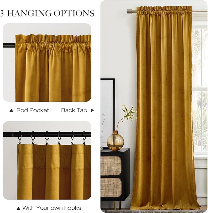 NICETOWN Mustard Gold Velvet Curtains Long Drapes, Living Room Office Luxury Bedroom Room Darkening Velvet Curtains, Rod Pocket Velvet Curtains 84" Long, 52 inches Wide, Set of 2