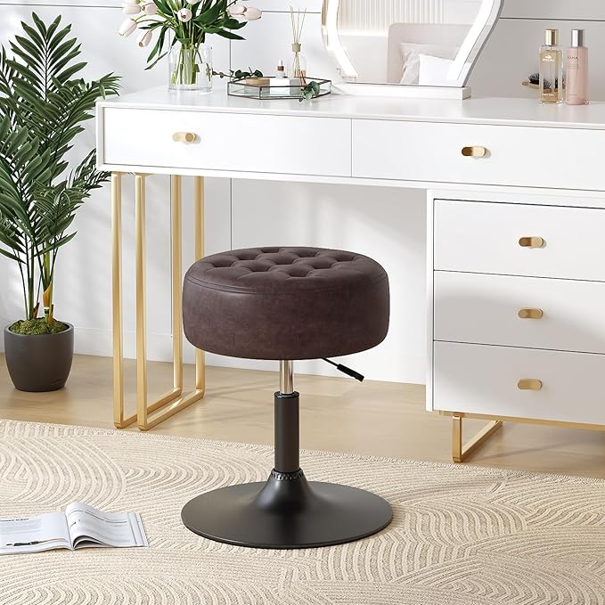 Furniliving Mid-Century Tufted Adjustable Swivel Makeup Ottoman Stool; Modern Big Size Round Vanity Stool Chair for Bedroom Living Room (BlackBrown)