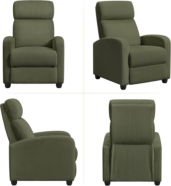 Yaheetech Corduroy Recliner Chair Single Sofa Home Theater Seating Adjustable Modern Reclining Chair for Living Room Bedroom Home Theater Dark Green