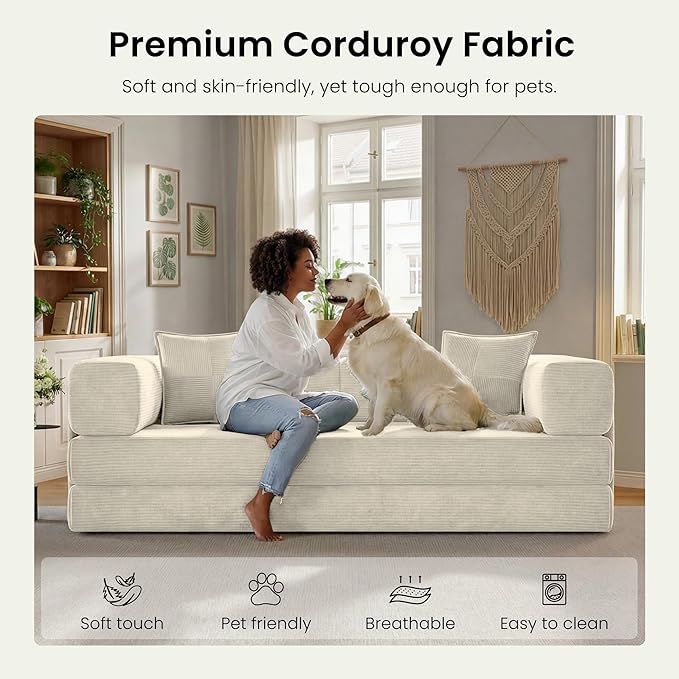 78.8" Convertible Sofa Bed,Corduroy Futon Couch with Storage Pocket,Folding Pull Out Futon Sofa,No Assembly Boneless Couch for Living Room, White | futon sofa bed, sofa, couch, loveseat, convertible sofa, boneless couch