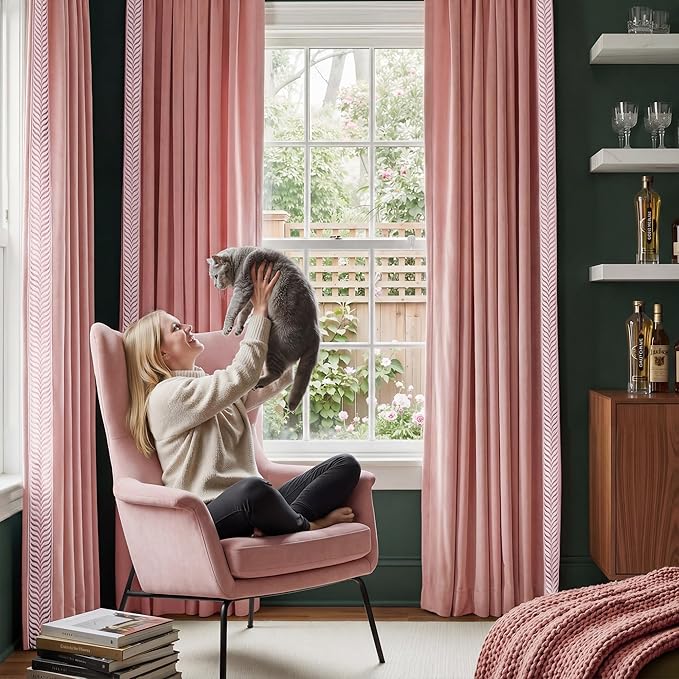 NICETOWN Rod Pocket Embroidered Trim Velvet Curtains, 2 Panels, Blush Pink, 96 Inch Long Velvet Blackout Curtains Luxury Elegant Soft Drapes, Winter Thermal Window Treatments Classical Home Decor