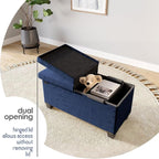 Storage Ottoman Bench with Bins, 30-in Storage Bench for Bedroom End of Bed, Folding Foot Rest Ottoman for Living Room Max 660lbs, Velvet Ottomans, Blue