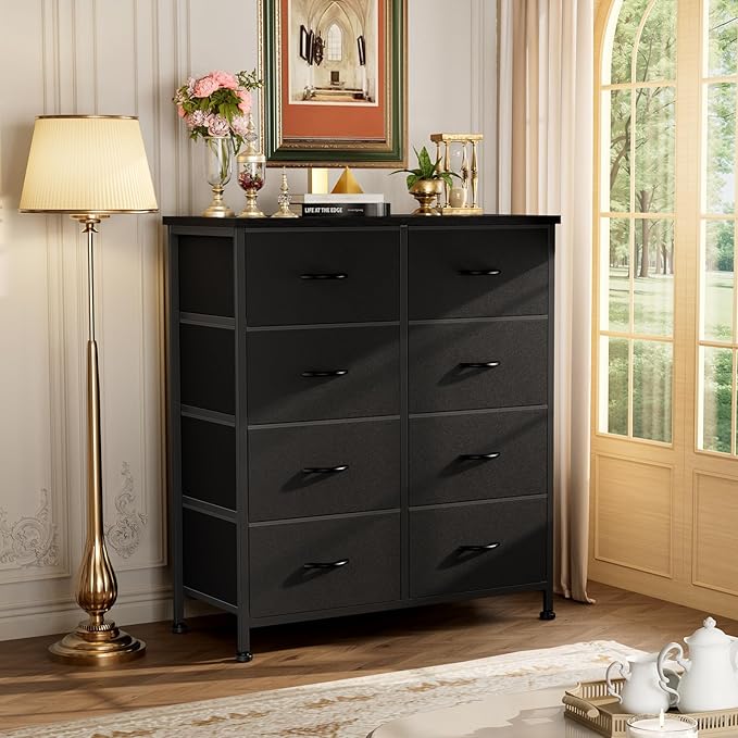 Dresser for Bedroom with 8 Drawers, Anti-Tip Tall Fabric Chests Storage Organizer Tower Furniture with Wooden Top Metal Frame for Clothes, Closet, Living Room, Hallway, Entryway