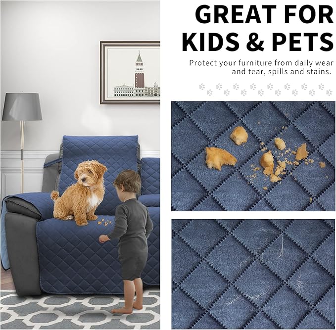 Easy-Going Loveseat Recliner Cover with Console, Reversible Couch Cover for Living Room, Split Sofa Cover for Each Seat with Elastic Straps for Kids, Dogs, Pets(2 Seater, Dark Blue/Light Blue)