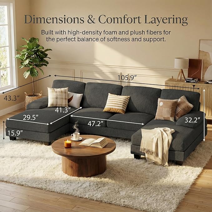 Homall Sectional U Shaped Sofa Couches for Living Room, Comfy Corduroy 4 Seat Sofa Set with Removable Pillows, Lounge Chaise Upholstered Couch for for Apartment (Corduroy, Dark Grey)
