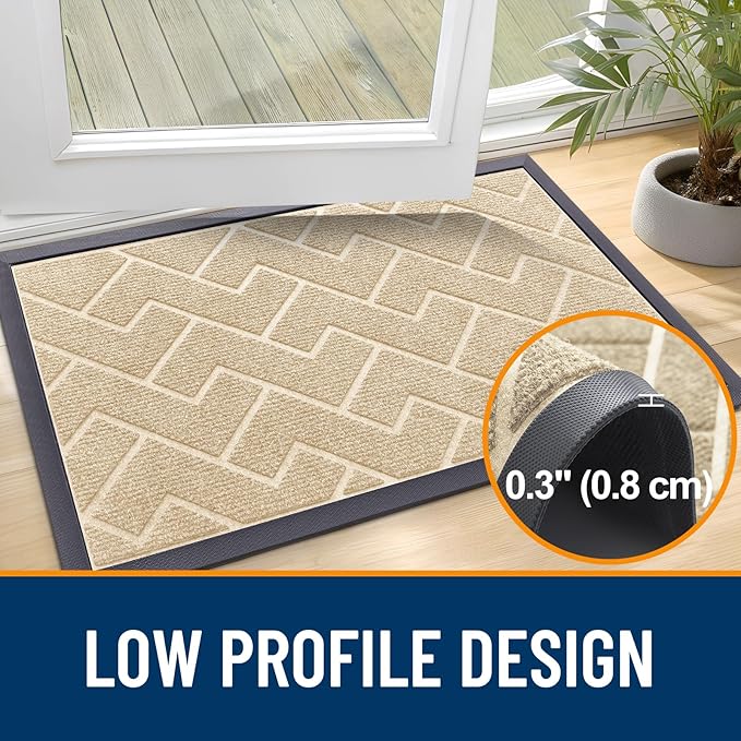 OLANLY Front Door Mat Indoor Outdoor Entrance, Waterproof All-Season, All-Weather Doormat, Sturdy Natural Rubber, Low Profile, Easy Clean Patio Porch Entryway Mat, Herringbone Brick (Beige, 47x17)