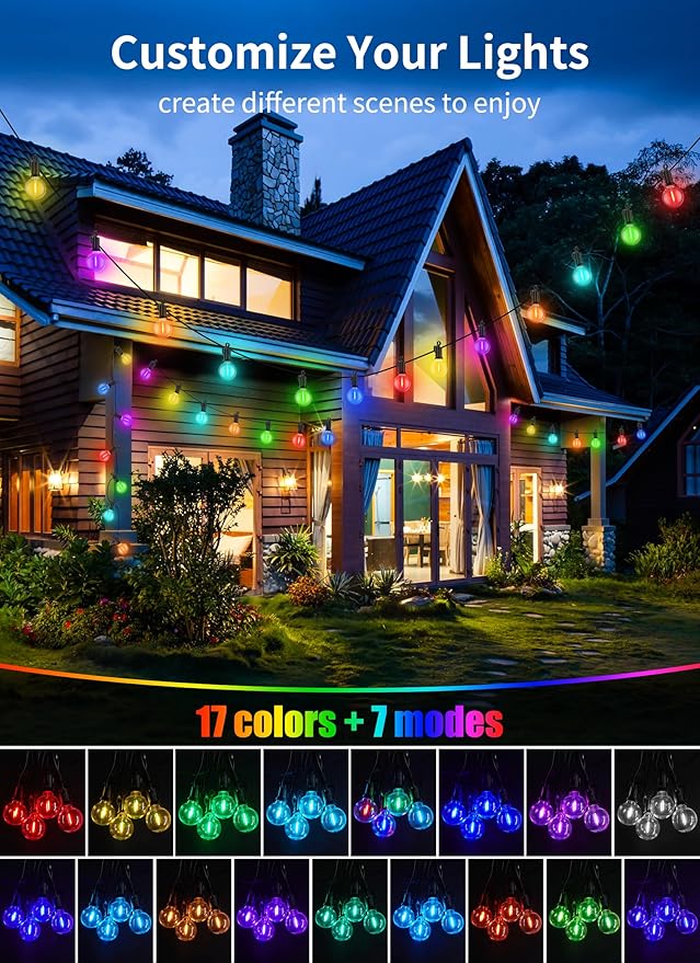 Brightown Outdoor String Lights 58 Feet G40 LED Patio Lights, 27 Plastic Multicolor Bulbs(2 Spare), Remote, Timer, Waterproof Connectable Hanging Light for Porch Balcony Party Decor, E12 Base, RGBW