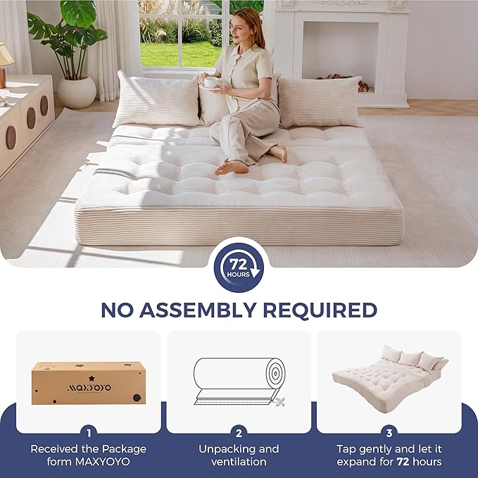 MAXYOYO Folding Sofa Couch, Convertible Floor Sleeper Couch with 2 Pillows, Tufted Floor Oversized Loveseat Couch Tufted Fold Out Chair Bed Comfy Sofa Lounge for Living Room Bedroom, Beige