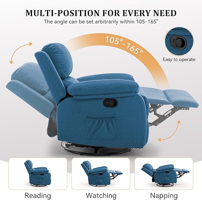 Recliner Chair, 360 Swivel Rocker Chair for Adults, Small Rocking Recliner for Small Spaces, Upholstered Fabric Glider Recliner Nursery