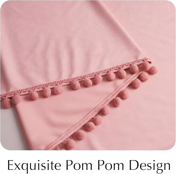 NICETOWN Blush Pink Short Velvet Curtains with Cute Pom-Pom Trim for Nursery 63 inch Long – Luxury Room Darkening Drapes Light Filtering Window Treatment for Girls, 52" W x 63" L, 2 Panels
