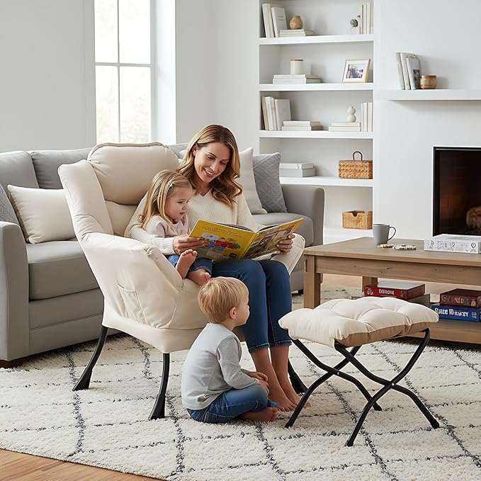 Welnow Lazy Chair with Ottoman, Modern Reading Accent Chair with Armrests and a Side Pocket, Leisure Upholstered Lazy Sofa Set with Footrest for Small Space, Beige