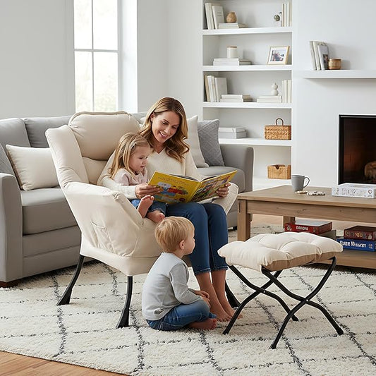 Welnow Lazy Chair with Ottoman, Modern Reading Accent Chair with Armrests and a Side Pocket, Leisure Upholstered Lazy Sofa Set with Footrest for Small Space, Beige