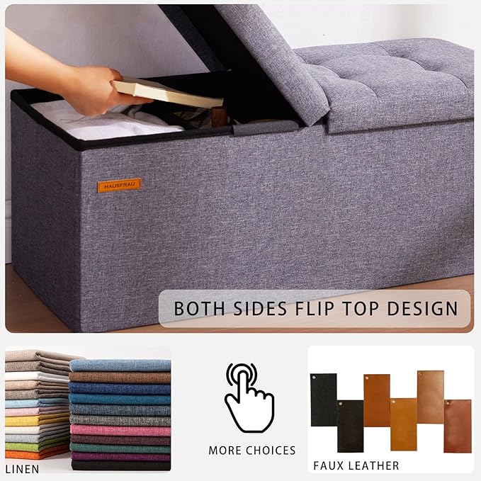 HAUSFRAU 31.5 Inches Ottoman with Storage Bench, Folding Ottoman Bench Small Foot Rest Stool, Bedroom Bench with Flipping Lid, Linen Avocado
