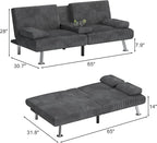 Shahoo Modern Upholstered Convertible Folding Futon Sofa Bed with Removable Armrests, Metal Legs, 2 Cup Holders for Living Room, Grey