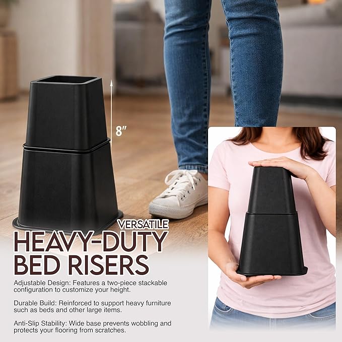 Utopia Bedding Bed Riser, 3 & 5 Inches Adjustable Furniture Risers for 8 Inch Combined Furniture Lift, Under Bed Storage & Dorm Room Essential, Supports Up to 1,300 lbs (4 Set, Black)