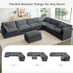ROWHY 150'' Modular Sectional Corner Cloud Couch, 7 Seater Sofa Big Comfy Corduroy V Shaped Couch with 4 Throw Pillows, Movable Ottoman, Couches for Living Room Office Dark Grey