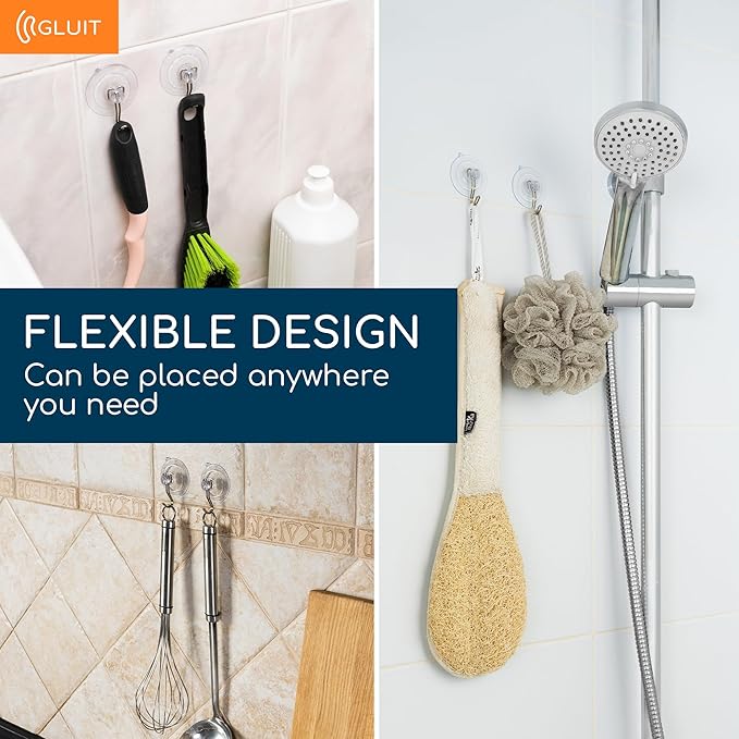 GLUIT Suction Cup Hooks - Utility Hook Wall Hangers for All Purposes Stainless Steel Removable Small Suction Cups for Kitchen Bathroom Shower Wall Window Glass Door 3 lbs (14 Suction Hooks)