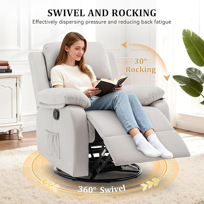 Recliner Chair, 360 Swivel Rocker Chair for Adults, Small Rocking Recliner for Small Spaces, Upholstered Fabric Glider Recliner Nursery (Swivel Rocker Recliner, Off White)