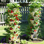 7 Tiered Strawberry Planters 3 Pack, Vertical Stackable Planter, Herb Stacking Tower Garden, Flower and Vegetable Planters with Support Pole Indoor & Outdoor with Removable Wheels - White
