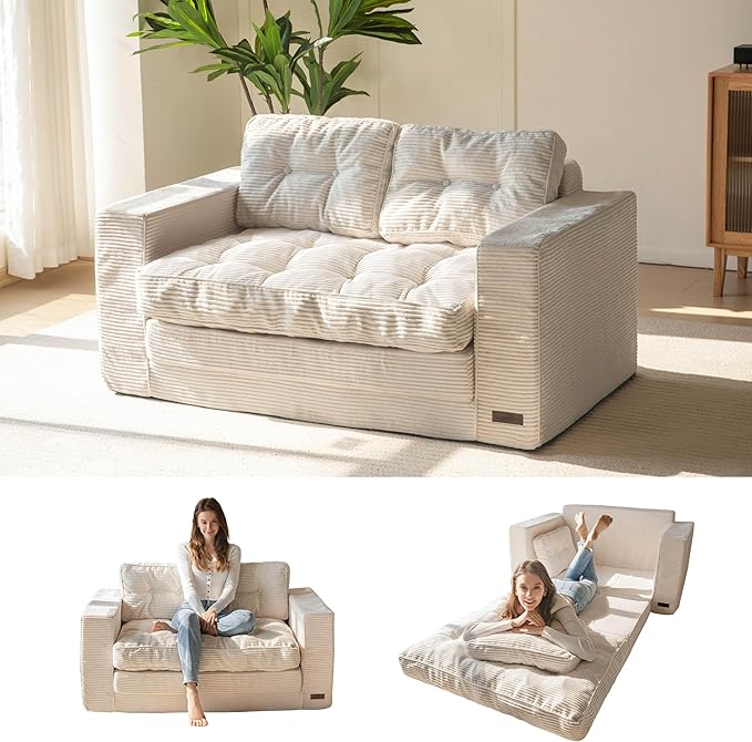 MAXYOYO Convertible Sofa Bed, Pull Out Loveseat Sleeper Sofa, 2 in 1 Folding Couch Bed, Fold Out Floor Couch with Pillows for Living Room Bedroom Lounge, Beige