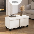 Storage Ottoman Cube with Small Bin, 15-in Square Ottoman with Storage for Living Room and Bedroom, Small Ottomans Foot Rest, Fabric Foot Stools Ottomans Max 330lbs, Cream