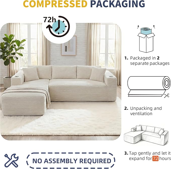 Shintenchi Boneless Couches for Living Room,Modular Sectional Sofa with 2 Cup Holders,Memory Foam Cloud Couch with L Shaped Oversized Chaise,No Assembly Needed Plush Corduroy Sofa