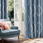 NICETOWN Vintage Blue Foil Print 90 inch Long Curtains for Elegant Home Decoration, Wave Silver Line Design Drapes Light Filtering, W52 x L90, 2 Panels