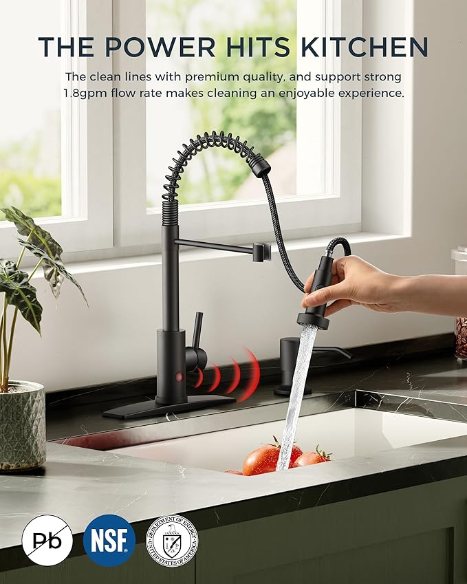 FORIOUS Touchless Kitchen Faucet Black, Smart Motion Sensor Spring Sink Faucet with Pull Down Sprayer Commercial Contemporary Hands-Free for Pot Filler, Farmhouse Camper Laundry Camper
