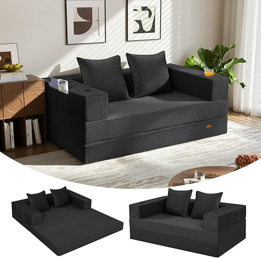 COMAX Futon Sofa Bed, 4‑in‑1 Convertible Sofa Bed, Folding Boneless Couches for Living Room, Fold Out Small Foldable Loveseat Floor Sleeper Comfy Mattress Lounge Space‑Saving, Black