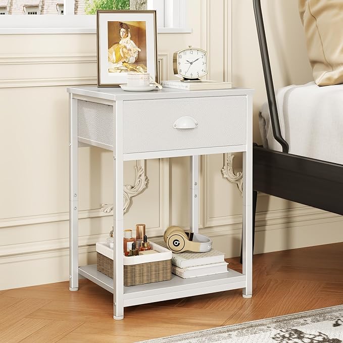 Furologee White Nightstand with Fabric Drawer, Small Side Table for Small Spaces, 2 Tiers Storage Shelves End Table, Night Stand for Living Room, Bedroom, Dorm