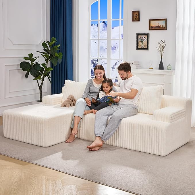 Modular Sectional Sofa Couches L-Shape Couch 3 Seat Modular Sofa Memory Foam Sectional Couches for Living Room, Cloud Couch with Oversized Chaise (White Stripe, 96" Left Facing Chaise)