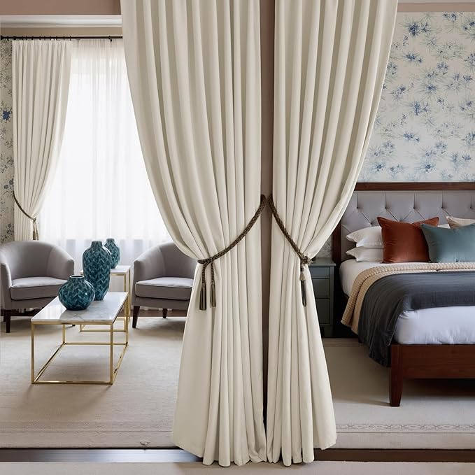 NICETOWN Thermal Insulated Velvet Curtains Ivory White 90 Inch Length, Heavy Duty Keep Warm Drapes Room Darkening Thermal Insulated Curtains for Patio Hall Villa, Bedroom Window Treatment, Set of 2