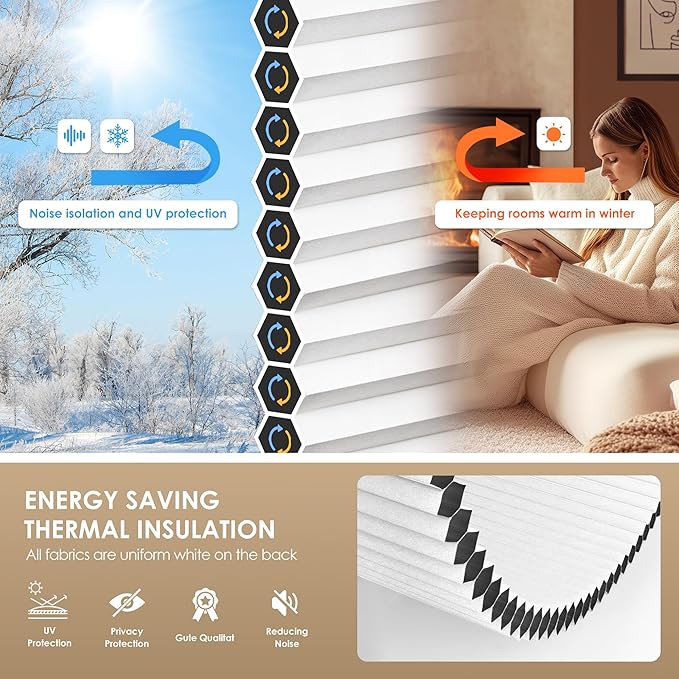 LazBlinds No Tools No Drill Cordless Cellular Shades, Blackout Light Blocking Honeycomb Shades for Home, Thermal Insulation Blinds for Windows, 23" W x 36" H, White