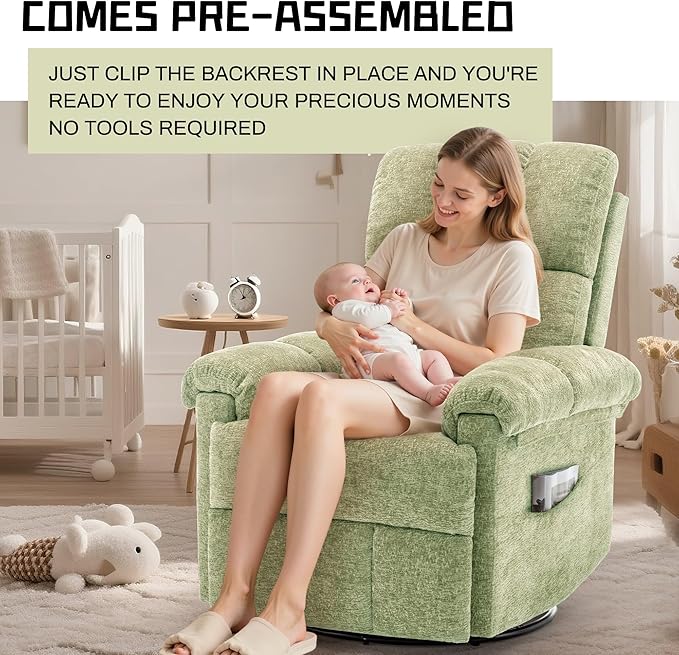 Recliner Chair, Swivel Rocker Recliner Chair for Adults, Small Recliners for Small Spaces, Upholstered Manual Recliner with Side Pockets, Nursery Rocking Chair for Living Room, Chenille, Green