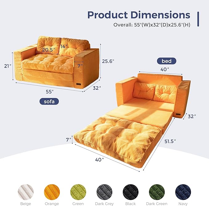 MAXYOYO Convertible Sofa Bed, Pull Out Loveseat Sleeper Sofa, 2 in 1 Folding Couch Bed, Fold Out Floor Couch with Pillows for Living Room Bedroom Lounge, Orange
