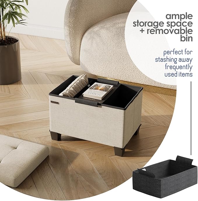 Storage Ottoman Cube with Small Bin, 16-in Square Ottoman with Storage for Living Room and Bedroom, Small Ottomans Foot Rest, Fabric Foot Stools Ottomans Max 330lbs, Beige