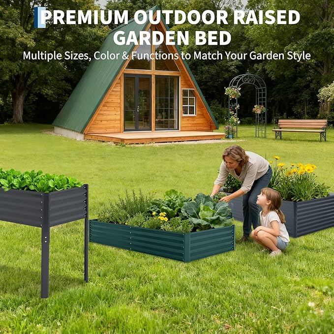 Garvee Galvanized Raised Garden Bed Large Rectangular Kit with Cover Zippered Screen Doors, Open Base Design, Thick Steel, Easy Assembly, Planter Box for Vegetables, Flowers (Dark Green, 6x3x1 ft)