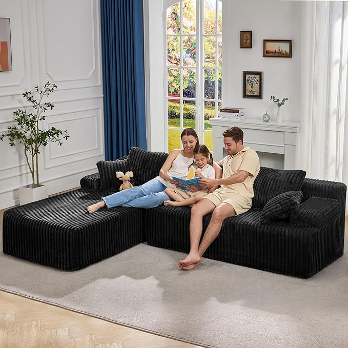 Modular Sectional Sofa Couches L-Shape Couch 3 Seat Modular Sofa Memory Foam Sectional Couches for Living Room, Cloud Couch with Oversized Chaise (Black Stripe, 108" Left Facing Chaise)