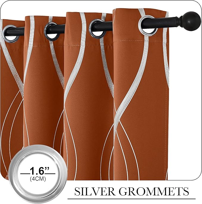 NICETOWN Fall Burnt Orange Blackout Curtain Panels for Living Room, W52 x L72 inch, Soundproof Heat Blocking Wave Line Foil Print Design Window Treatments for Small Cafe, 2 Panels